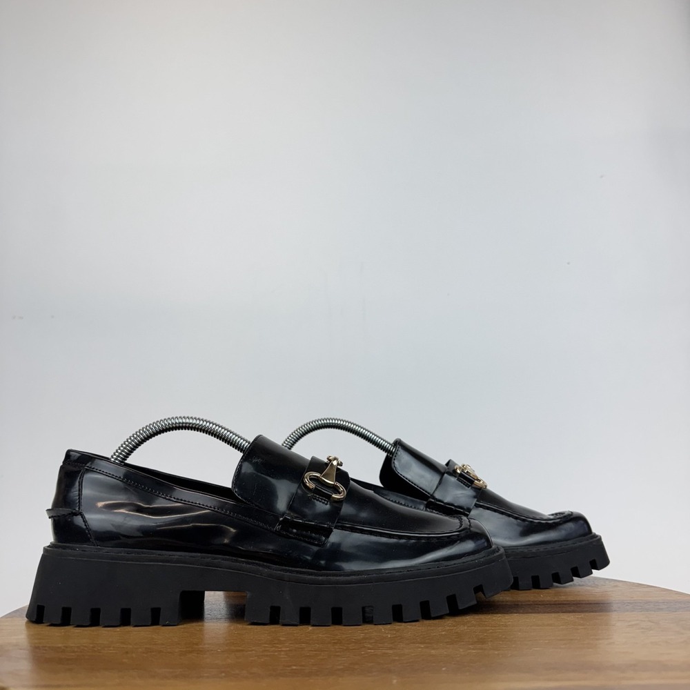 New Womens Open Edit Heather Black Faux Leather Horsebit Lug Sole Loafers‎ Sz 10